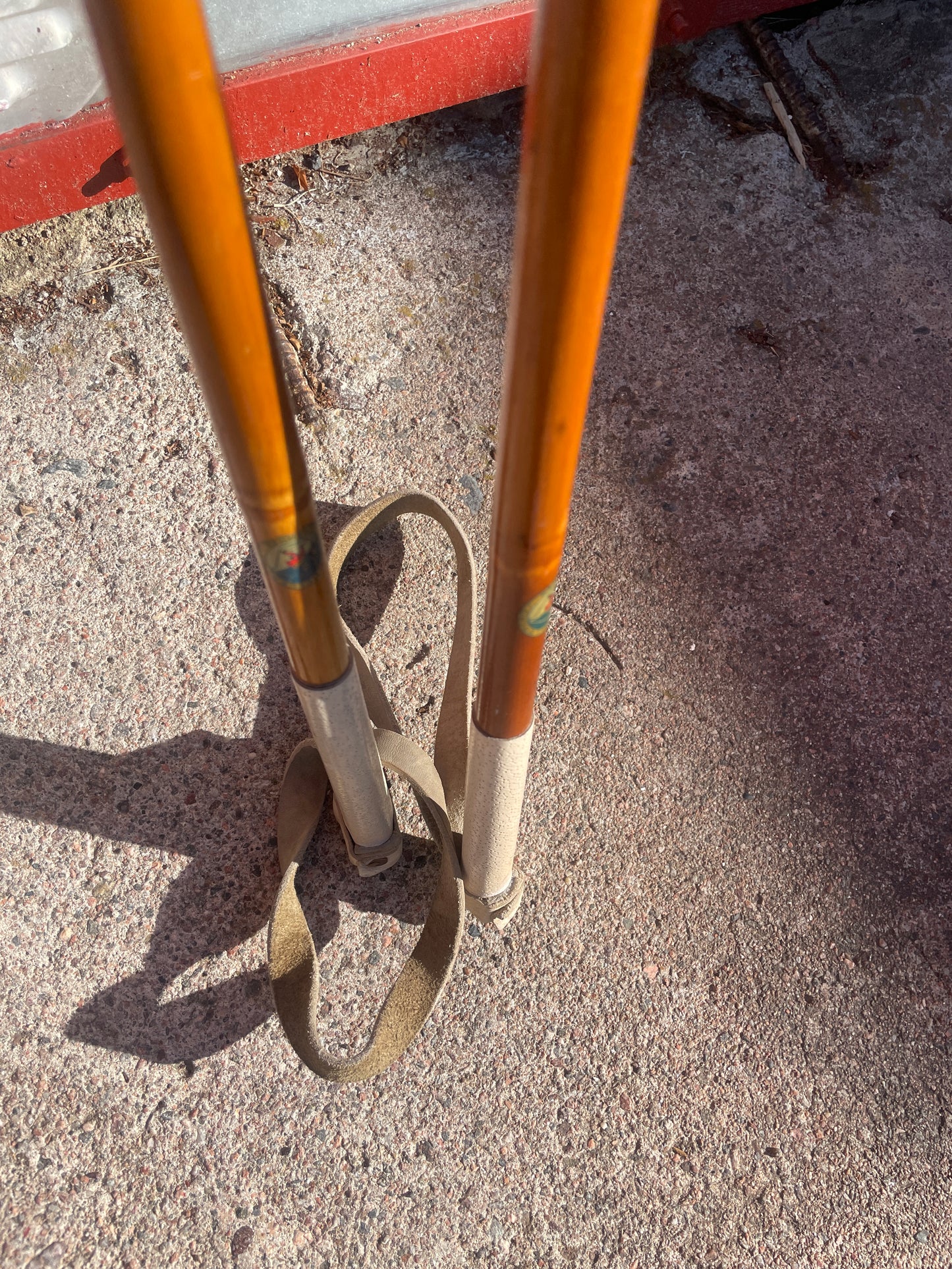 130cm P.T. Helleberg/Lillehammer Bamboo Cross-Country Ski Poles - 1950s/60s - Leather/Wicker Ring Baskets!!!