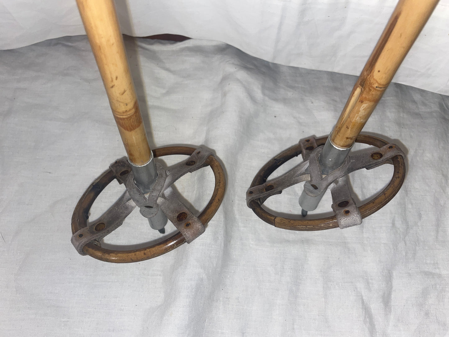 130cm Vintage Bamboo Cross-Country Ski Poles from Norway - Leather Baskets - NICE!!!