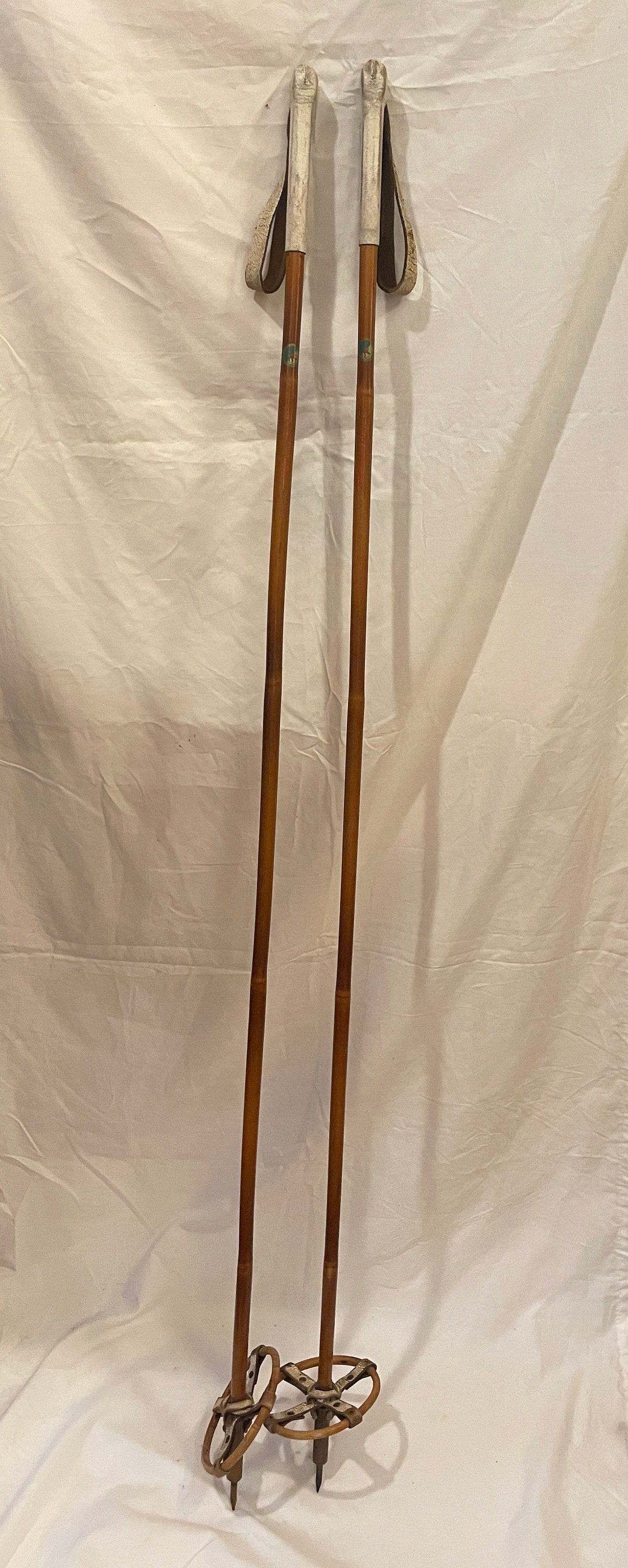 145cm Liljedahl Bamboo Cross-Country Ski Poles - Late 1950s - Original Logo and Graphics!
