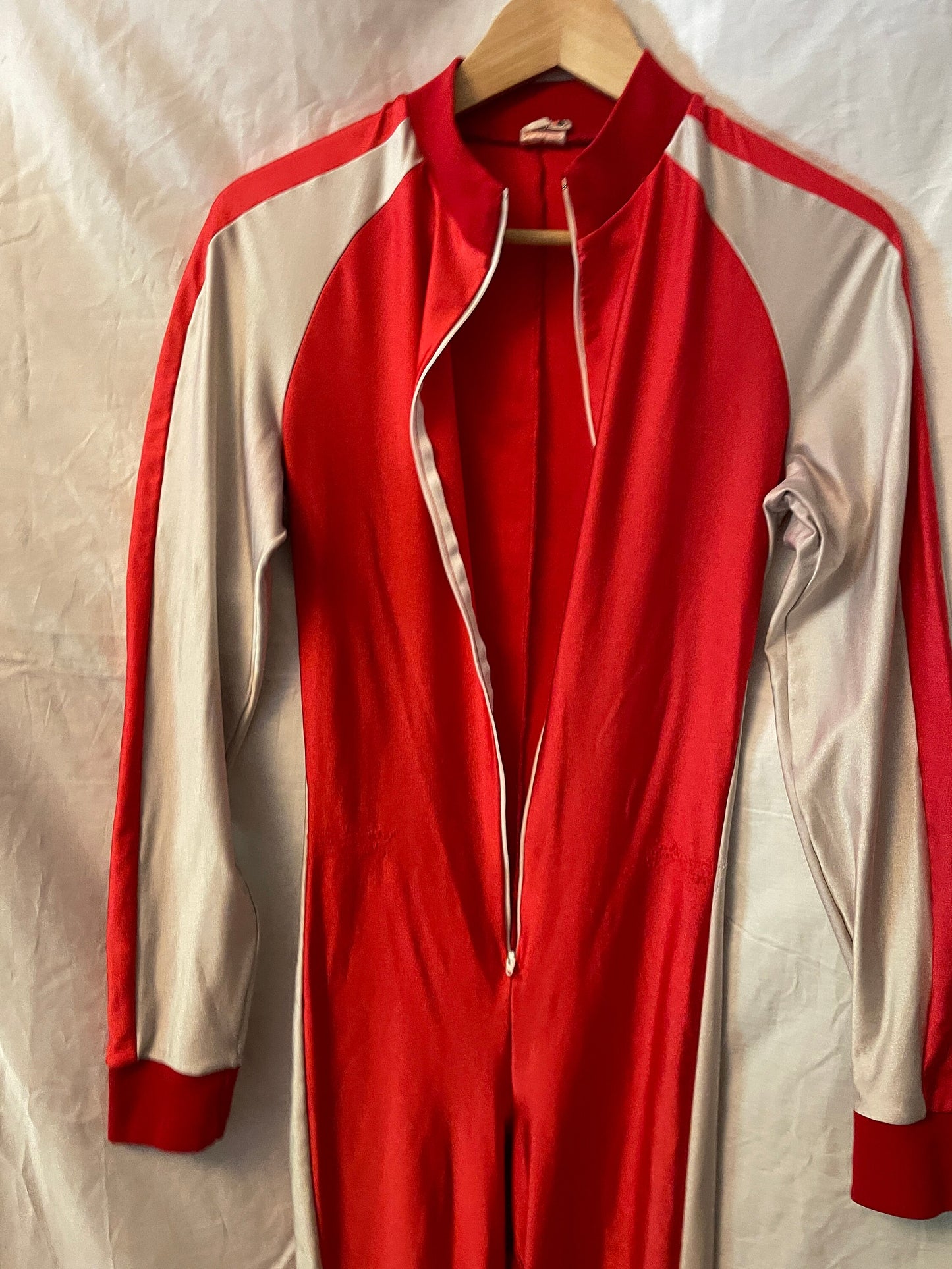 Size EU182cm (Men's large) 1980s Terinit Lycra Full-Length X-C Ski Suit - Red/Silver - FINLAND!!!