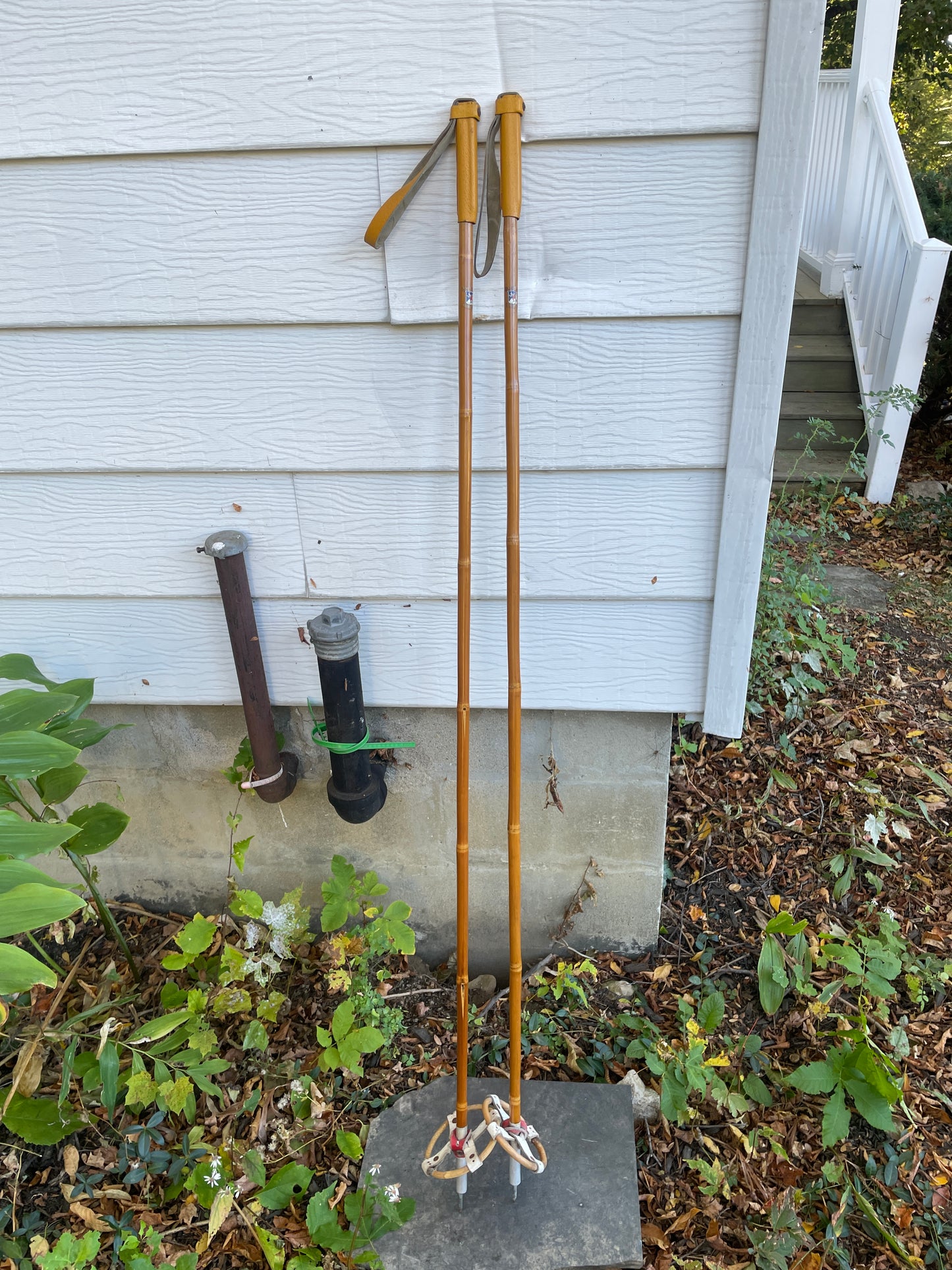 140cm Liljedahl Bamboo Cross-Country Ski Poles - 1960s - Leather/Wicker Ring Baskets!!!