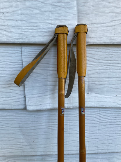 140cm Liljedahl Bamboo Cross-Country Ski Poles - 1960s - Leather/Wicker Ring Baskets!!!