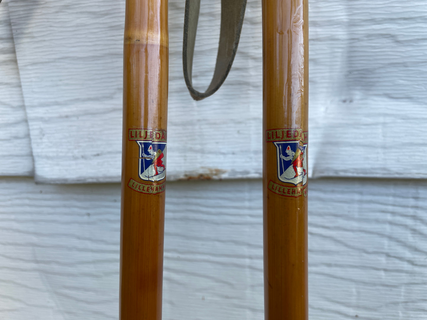140cm Liljedahl Bamboo Cross-Country Ski Poles - 1960s - Leather/Wicker Ring Baskets!!!