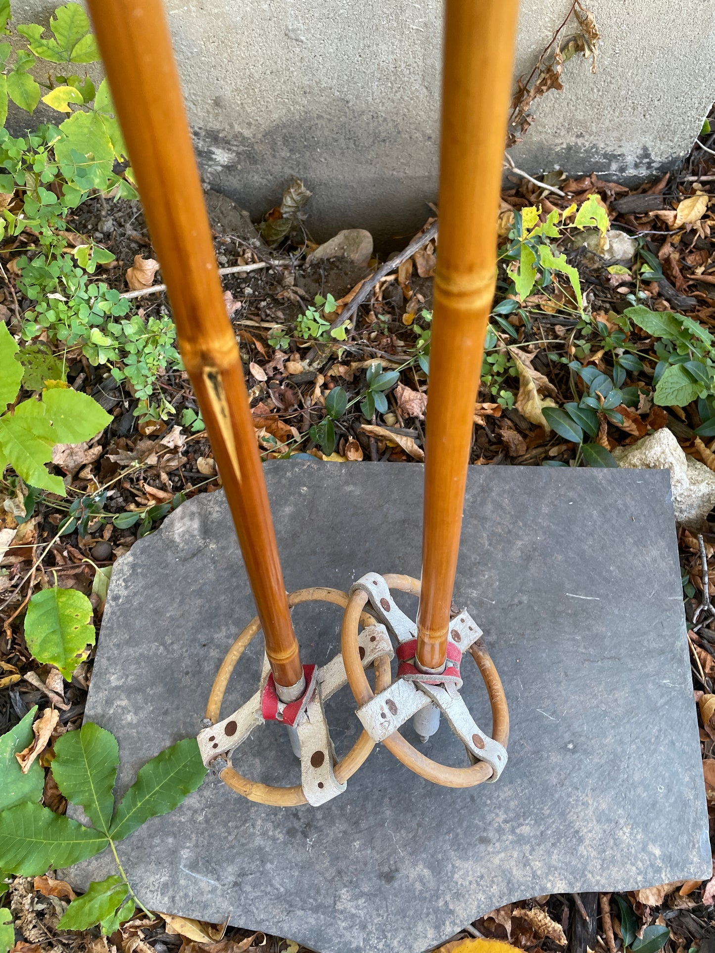 140cm Liljedahl Bamboo Cross-Country Ski Poles - 1960s - Leather/Wicker Ring Baskets!!!