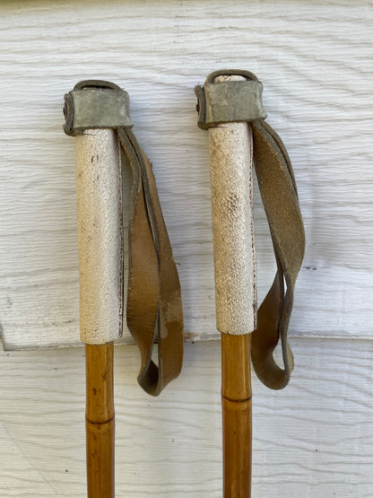 130cm Norwegian Bamboo Cross-Country Ski Poles - Leather/Wicker Baskets - VINTAGE