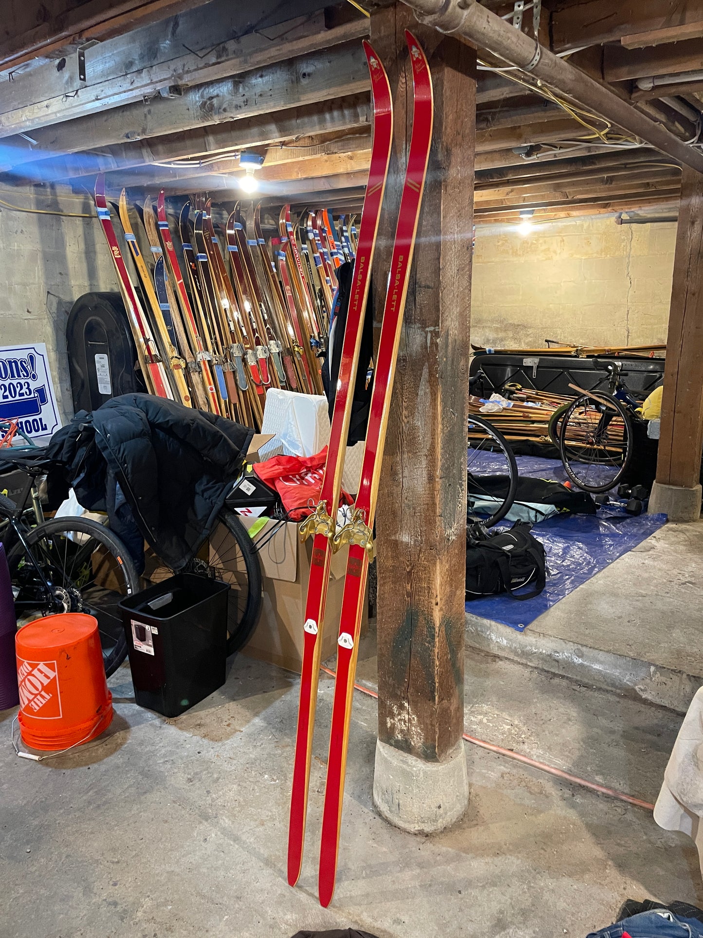 210cm Toppen Hallgeir Brenden "Balsa-Lett" Wood Cross-Country Racing Skis - RARE RED COLOUR - early 1970s, from Norway!!!!!!