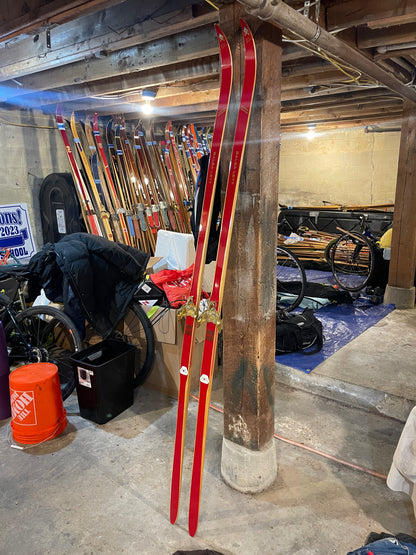 210cm Toppen Hallgeir Brenden "Balsa-Lett" Wood Cross-Country Racing Skis - RARE RED COLOUR - early 1970s, from Norway!!!!!!