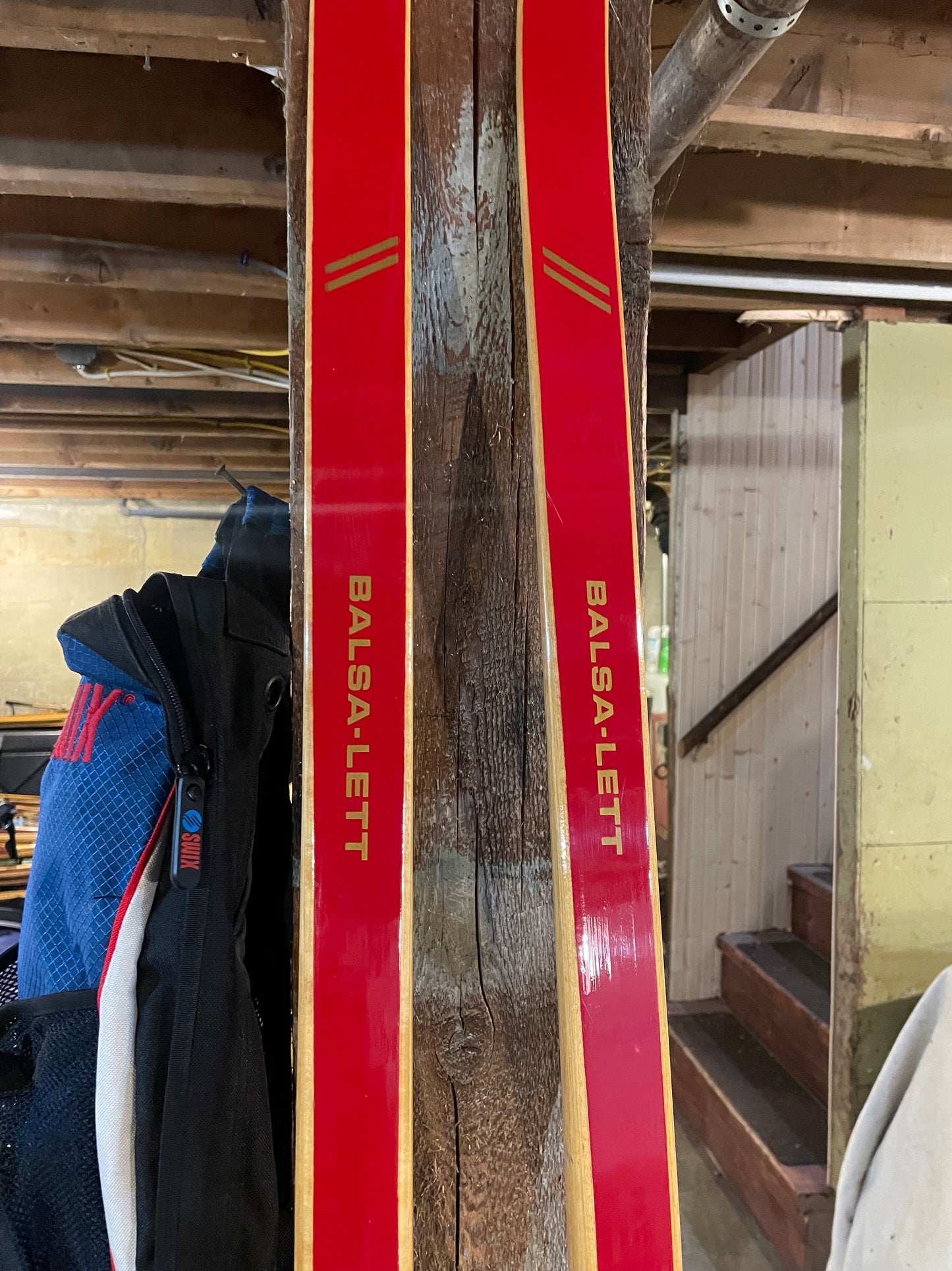 210cm Toppen Hallgeir Brenden "Balsa-Lett" Wood Cross-Country Racing Skis - RARE RED COLOUR - early 1970s, from Norway!!!!!!