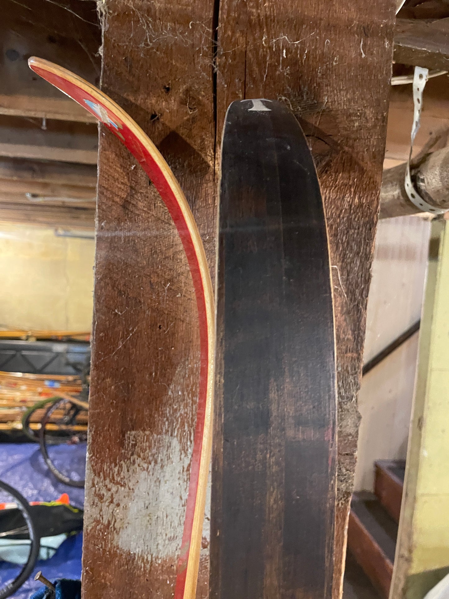 210cm Toppen Hallgeir Brenden "Balsa-Lett" Wood Cross-Country Racing Skis - RARE RED COLOUR - early 1970s, from Norway!!!!!!