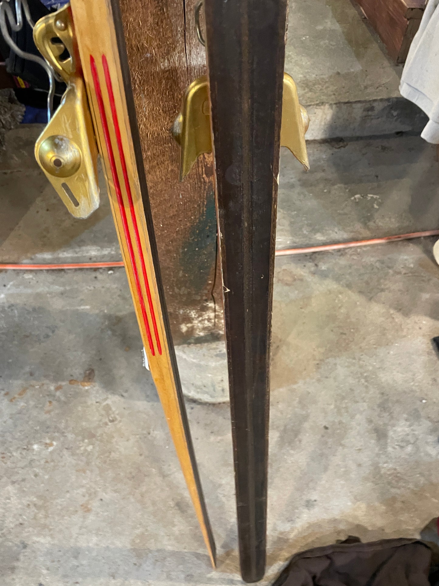 210cm Toppen Hallgeir Brenden "Balsa-Lett" Wood Cross-Country Racing Skis - RARE RED COLOUR - early 1970s, from Norway!!!!!!
