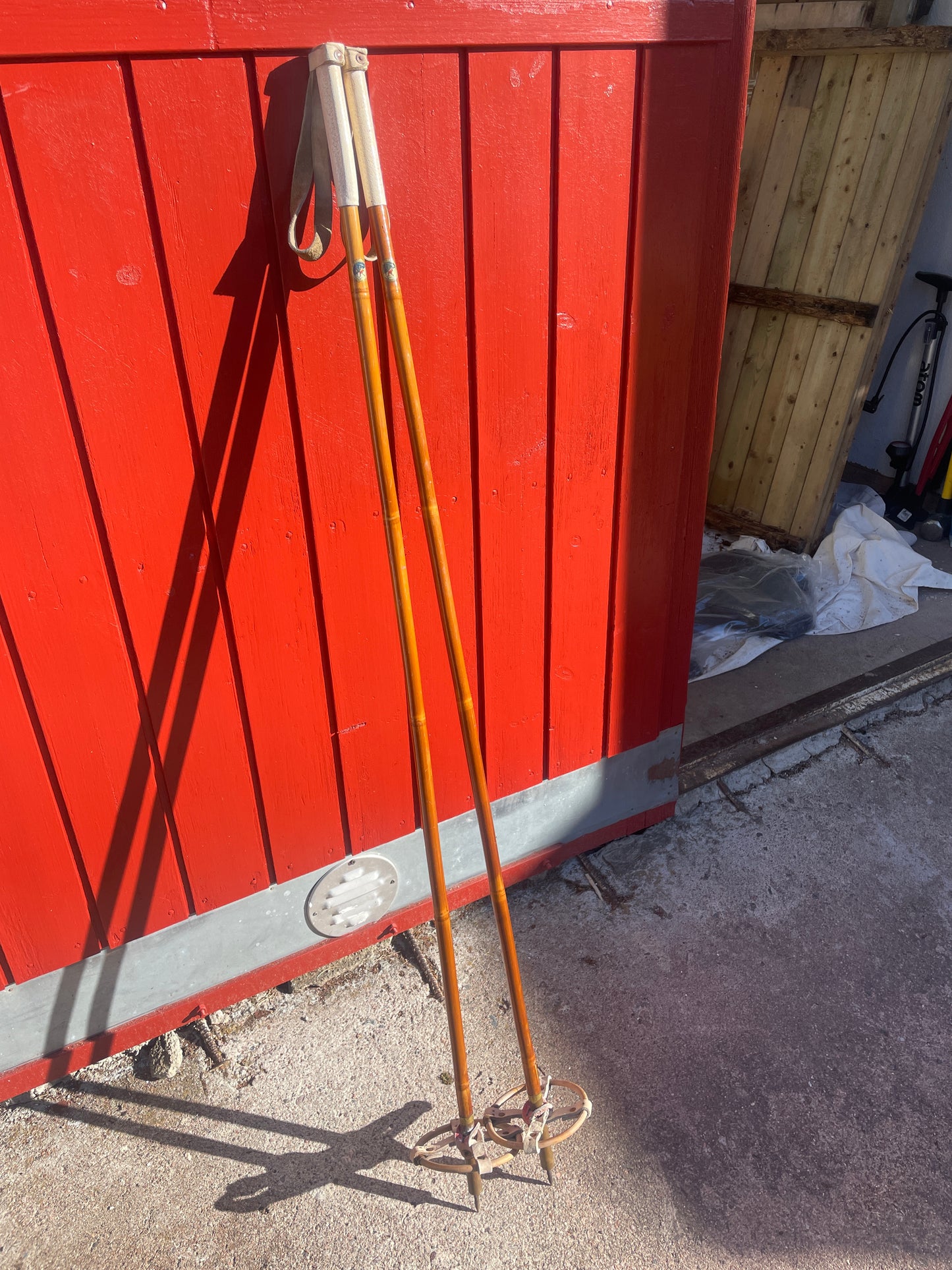 130cm P.T. Helleberg/Lillehammer Bamboo Cross-Country Ski Poles - 1950s/60s - Leather/Wicker Ring Baskets!!!