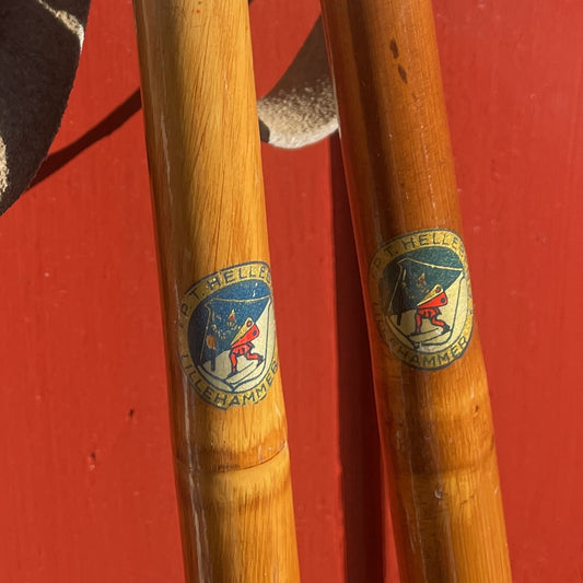130cm P.T. Helleberg/Lillehammer Bamboo Cross-Country Ski Poles - 1950s/60s - Leather/Wicker Ring Baskets!!!