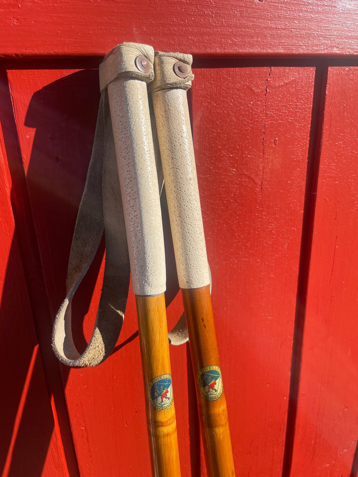 130cm P.T. Helleberg/Lillehammer Bamboo Cross-Country Ski Poles - 1950s/60s - Leather/Wicker Ring Baskets!!!