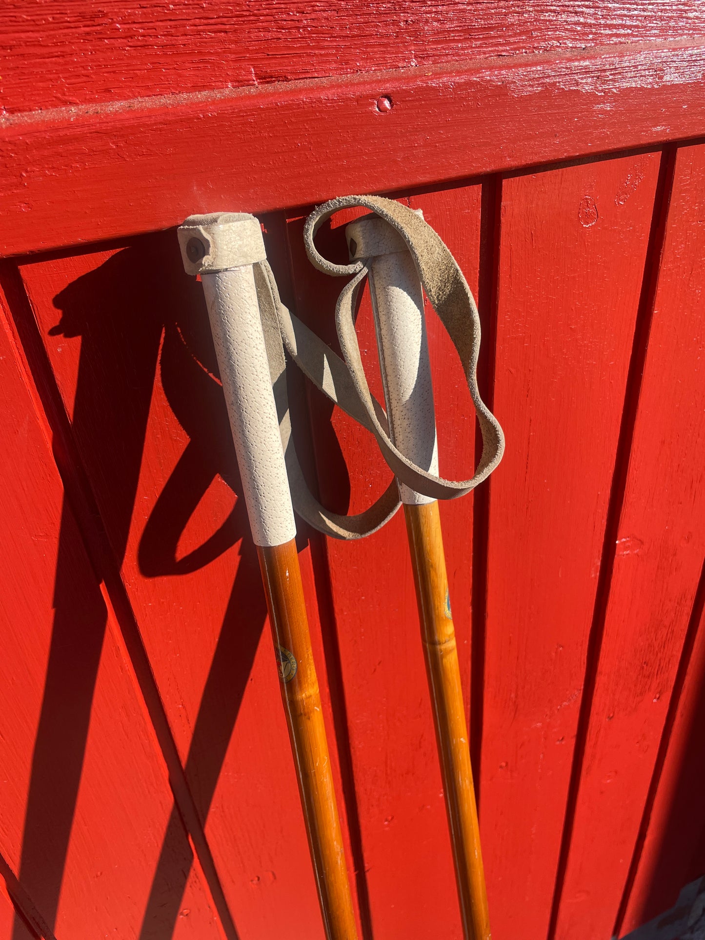 130cm P.T. Helleberg/Lillehammer Bamboo Cross-Country Ski Poles - 1950s/60s - Leather/Wicker Ring Baskets!!!