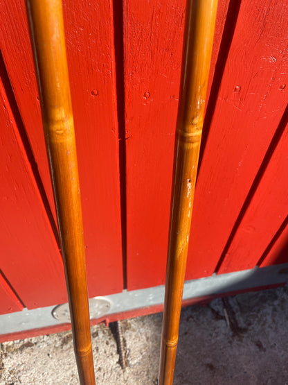 130cm P.T. Helleberg/Lillehammer Bamboo Cross-Country Ski Poles - 1950s/60s - Leather/Wicker Ring Baskets!!!