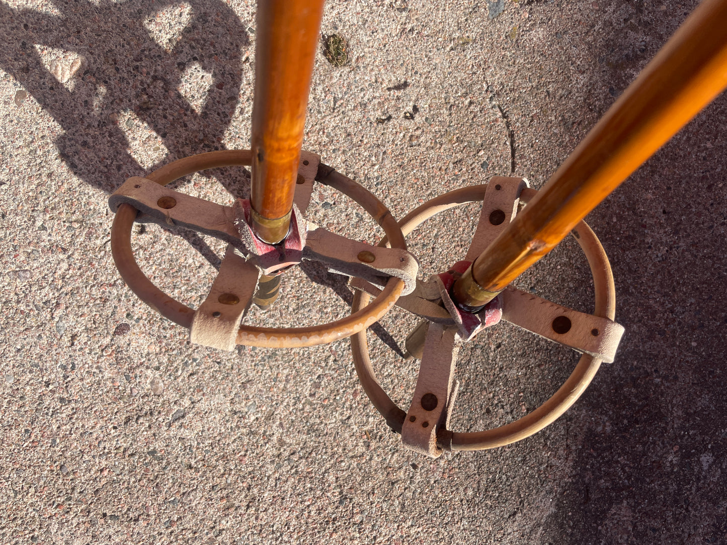 130cm P.T. Helleberg/Lillehammer Bamboo Cross-Country Ski Poles - 1950s/60s - Leather/Wicker Ring Baskets!!!