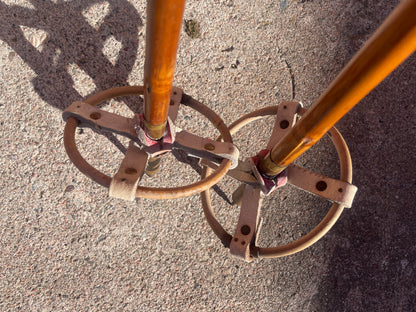 130cm P.T. Helleberg/Lillehammer Bamboo Cross-Country Ski Poles - 1950s/60s - Leather/Wicker Ring Baskets!!!