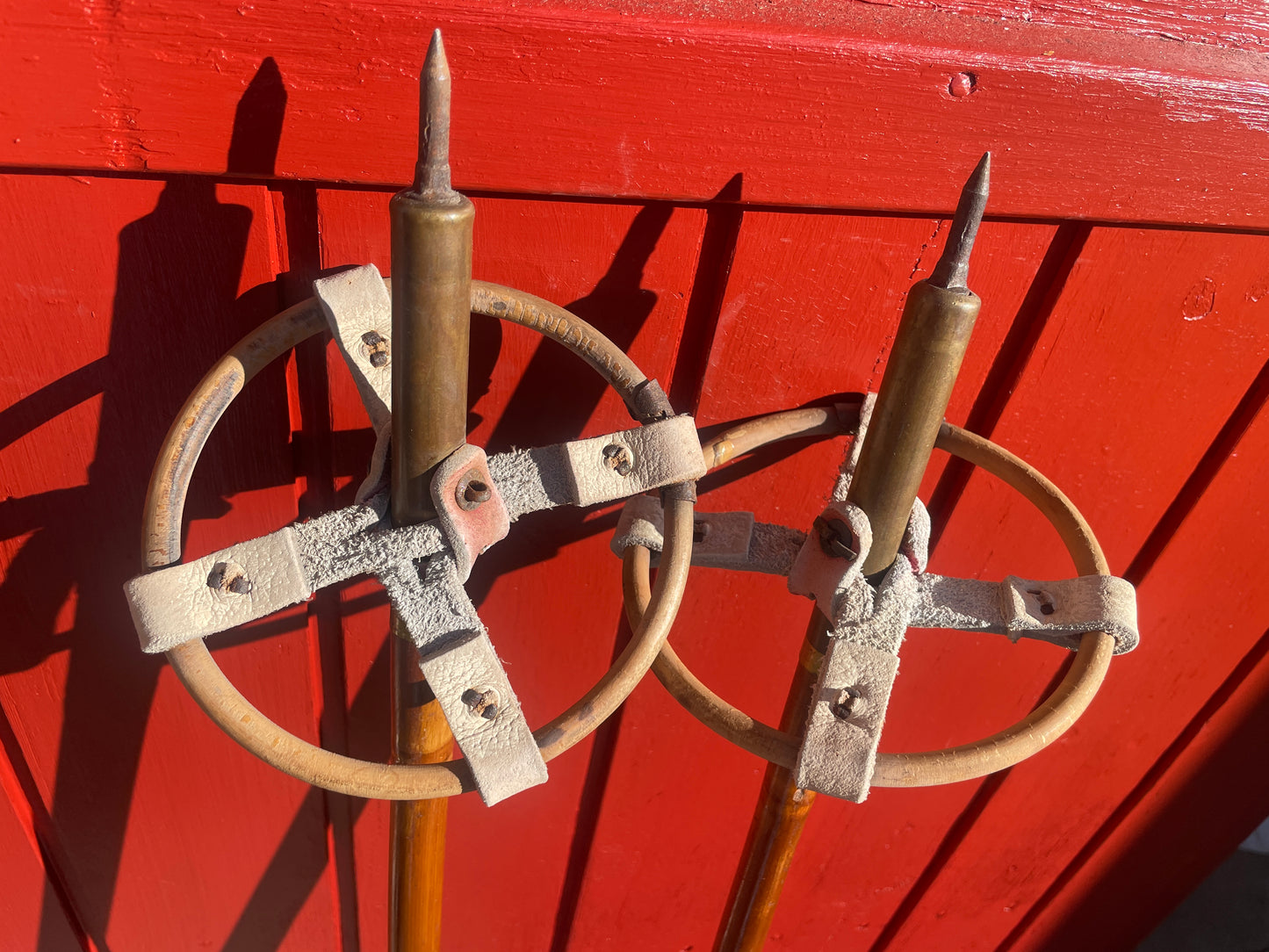 130cm P.T. Helleberg/Lillehammer Bamboo Cross-Country Ski Poles - 1950s/60s - Leather/Wicker Ring Baskets!!!