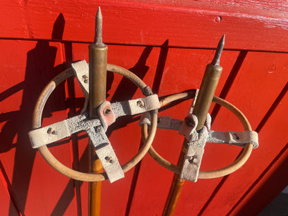 130cm P.T. Helleberg/Lillehammer Bamboo Cross-Country Ski Poles - 1950s/60s - Leather/Wicker Ring Baskets!!!