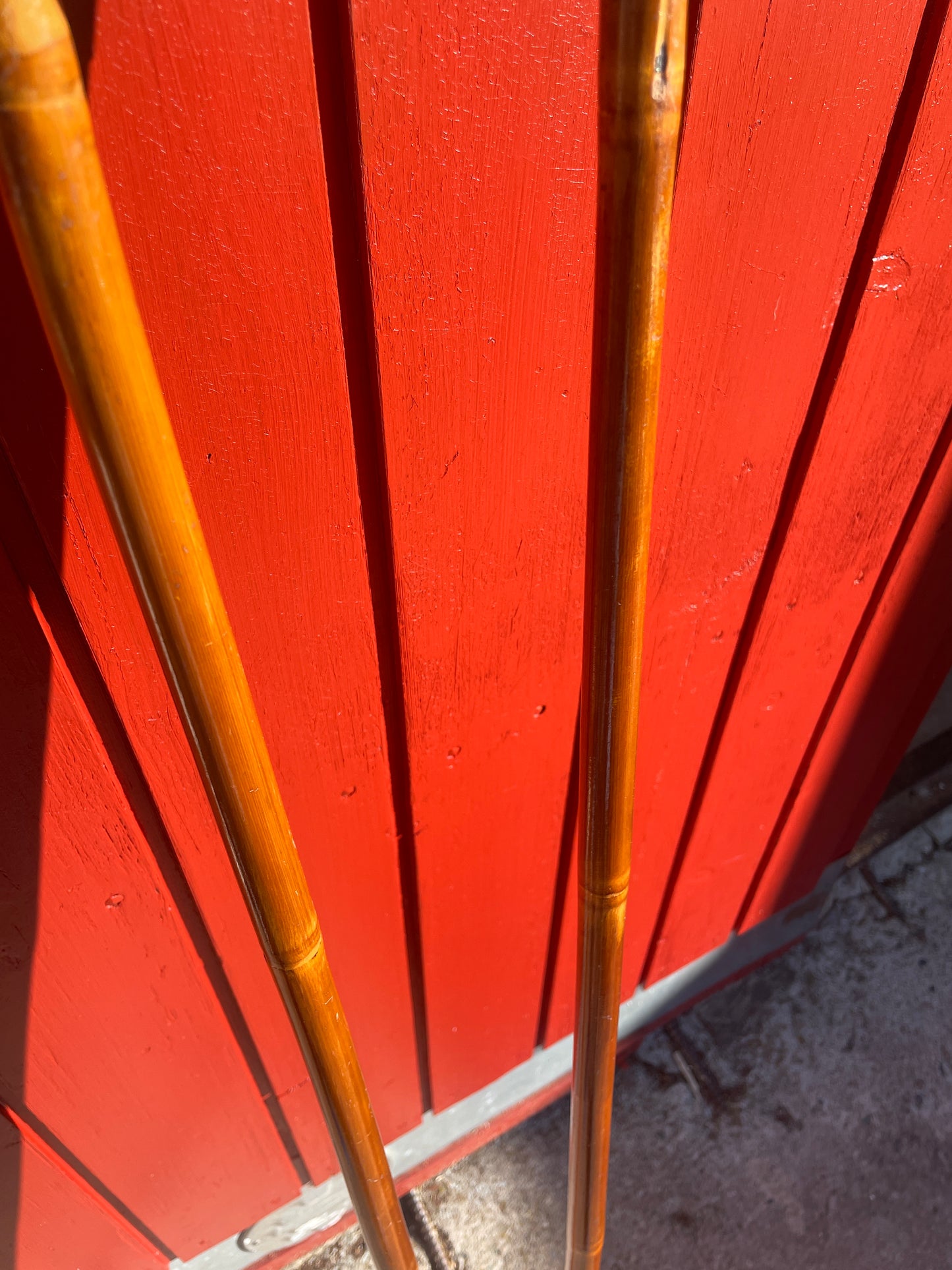 130cm P.T. Helleberg/Lillehammer Bamboo Cross-Country Ski Poles - 1950s/60s - Leather/Wicker Ring Baskets!!!