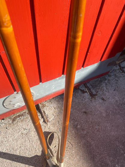 130cm P.T. Helleberg/Lillehammer Bamboo Cross-Country Ski Poles - 1950s/60s - Leather/Wicker Ring Baskets!!!