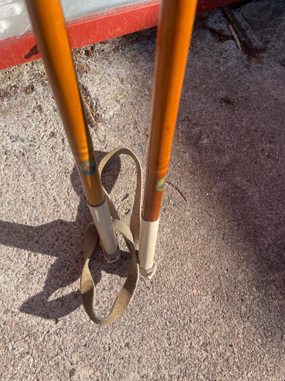 130cm P.T. Helleberg/Lillehammer Bamboo Cross-Country Ski Poles - 1950s/60s - Leather/Wicker Ring Baskets!!!
