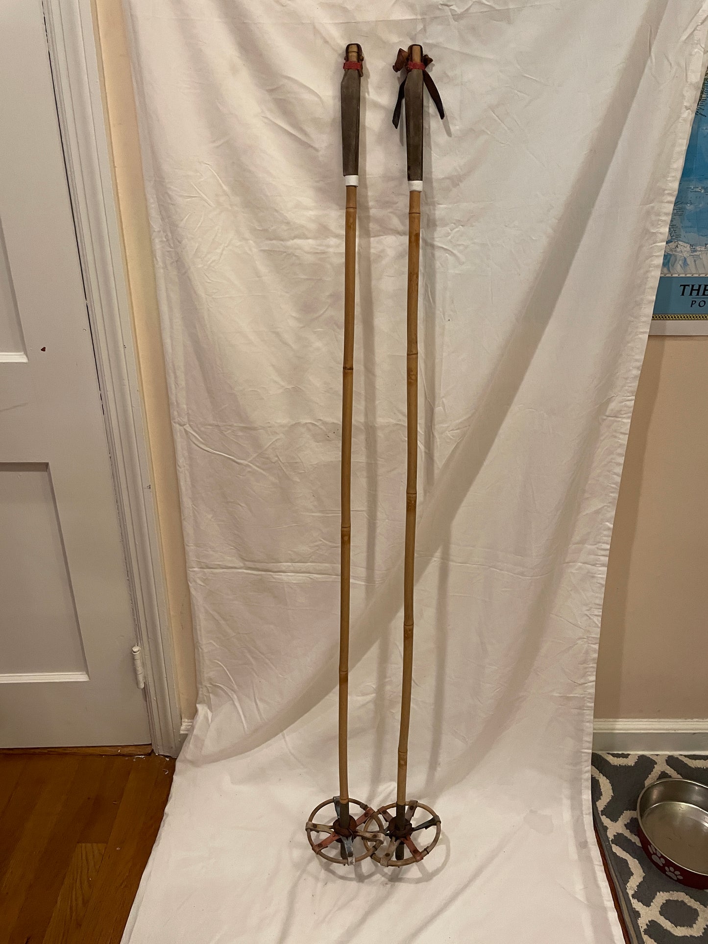 135cm Finnish Bamboo Cross-Country Ski Poles - early 1960s - PATRIOTIC COLOURS!!!