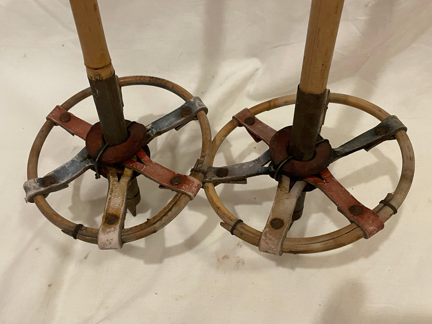 135cm Finnish Bamboo Cross-Country Ski Poles - early 1960s - PATRIOTIC COLOURS!!!