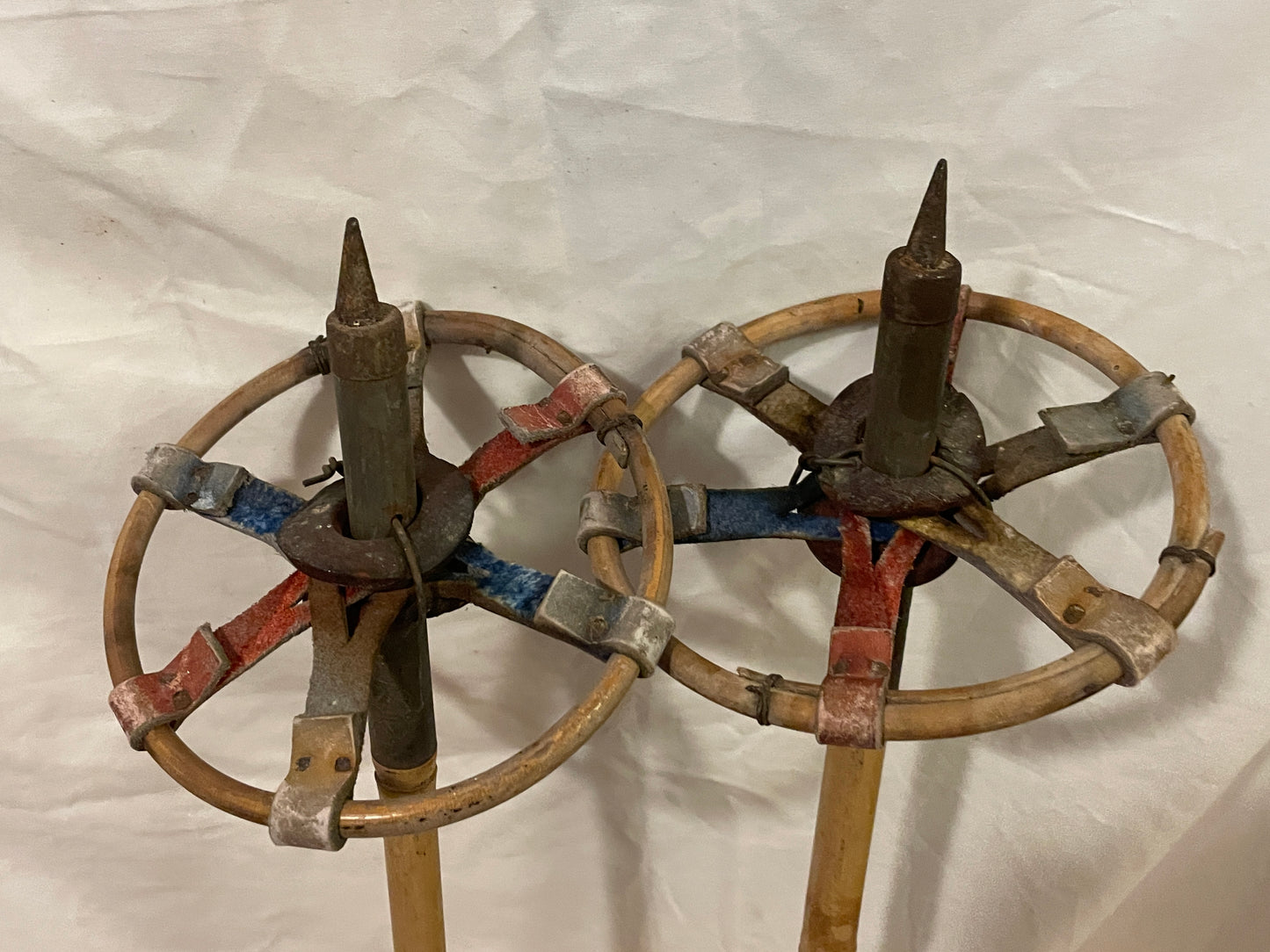135cm Finnish Bamboo Cross-Country Ski Poles - early 1960s - PATRIOTIC COLOURS!!!