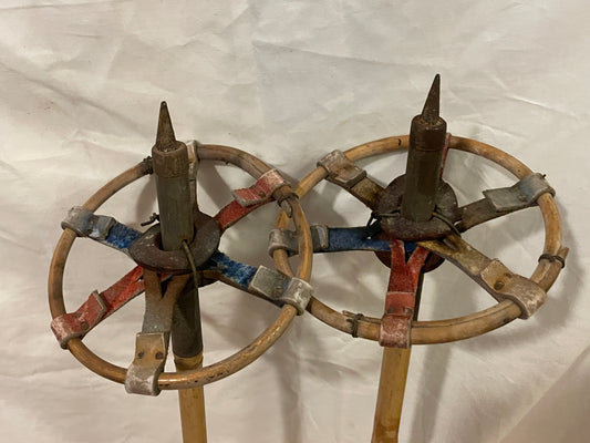 135cm Finnish Bamboo Cross-Country Ski Poles - early 1960s - PATRIOTIC COLOURS!!!