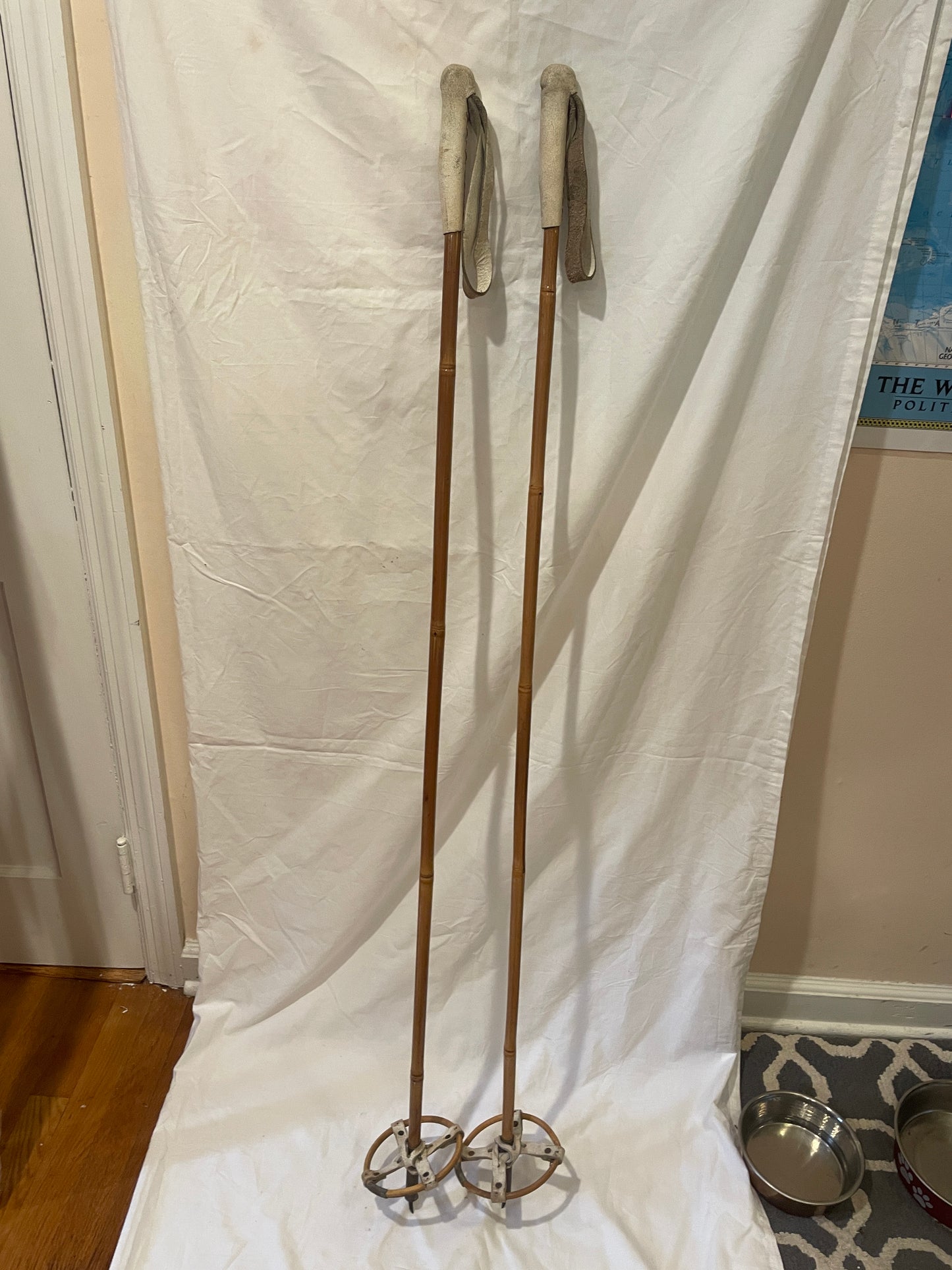 135cm Norwegian Bamboo Cross-Country Ski Poles - Wicker/Leather Baskets - White Handles