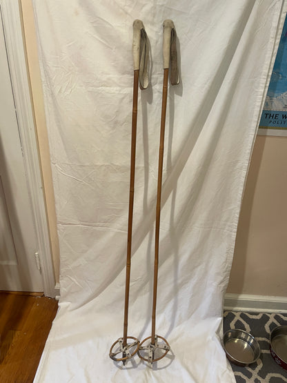 135cm Norwegian Bamboo Cross-Country Ski Poles - Wicker/Leather Baskets - White Handles