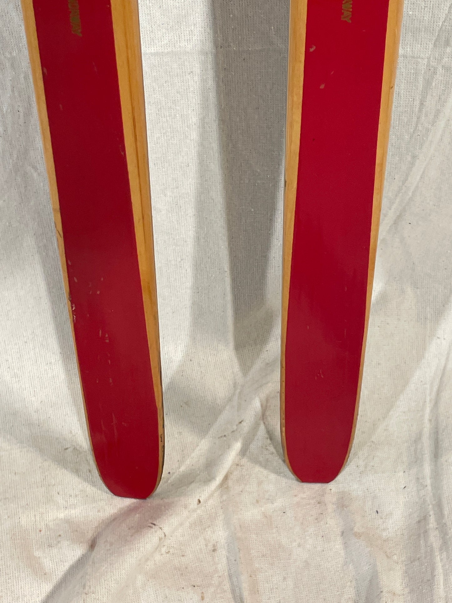 200cm Toppen Hallgeir Brenden "Balsa-Lett" Wood Cross-Country Racing Skis - RARE RED COLOUR - 1960s from Norway!!!!!!