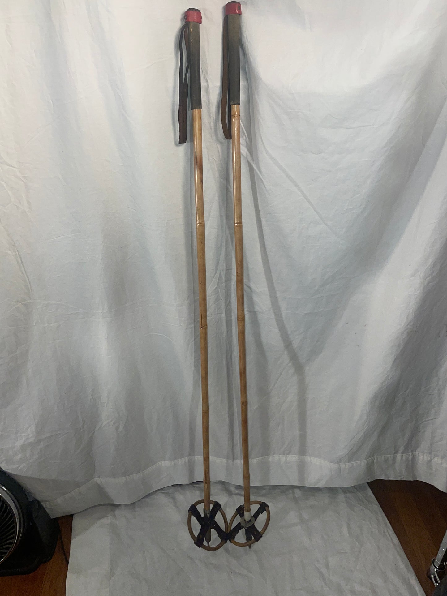 120cm Finnish Bamboo Cross-Country Ski Poles - Leather/Wicker Baskets - VINTAGE