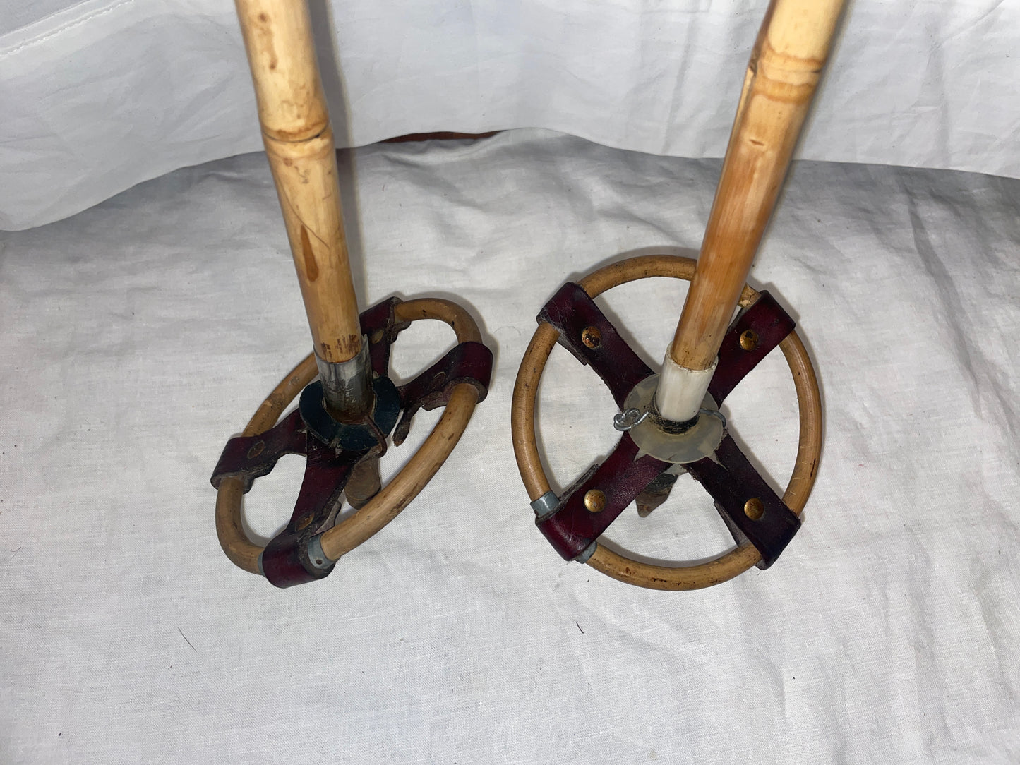 120cm Finnish Bamboo Cross-Country Ski Poles - Leather/Wicker Baskets - VINTAGE