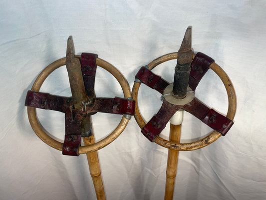 120cm Finnish Bamboo Cross-Country Ski Poles - Leather/Wicker Baskets - VINTAGE
