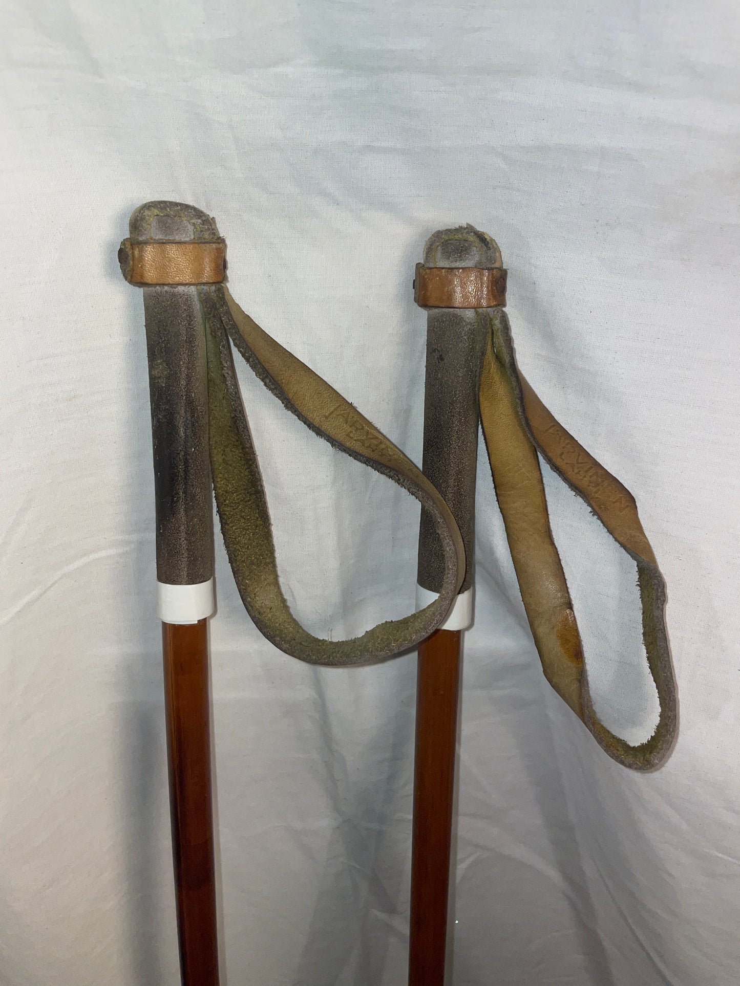 125cm Järvinen Bamboo Cross-Country Ski Poles - late 1960s - FINLAND - LEATHER LEATHER