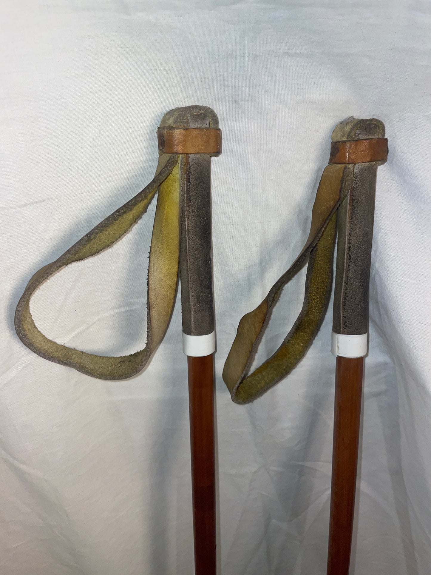 125cm Järvinen Bamboo Cross-Country Ski Poles - late 1960s - FINLAND - LEATHER LEATHER