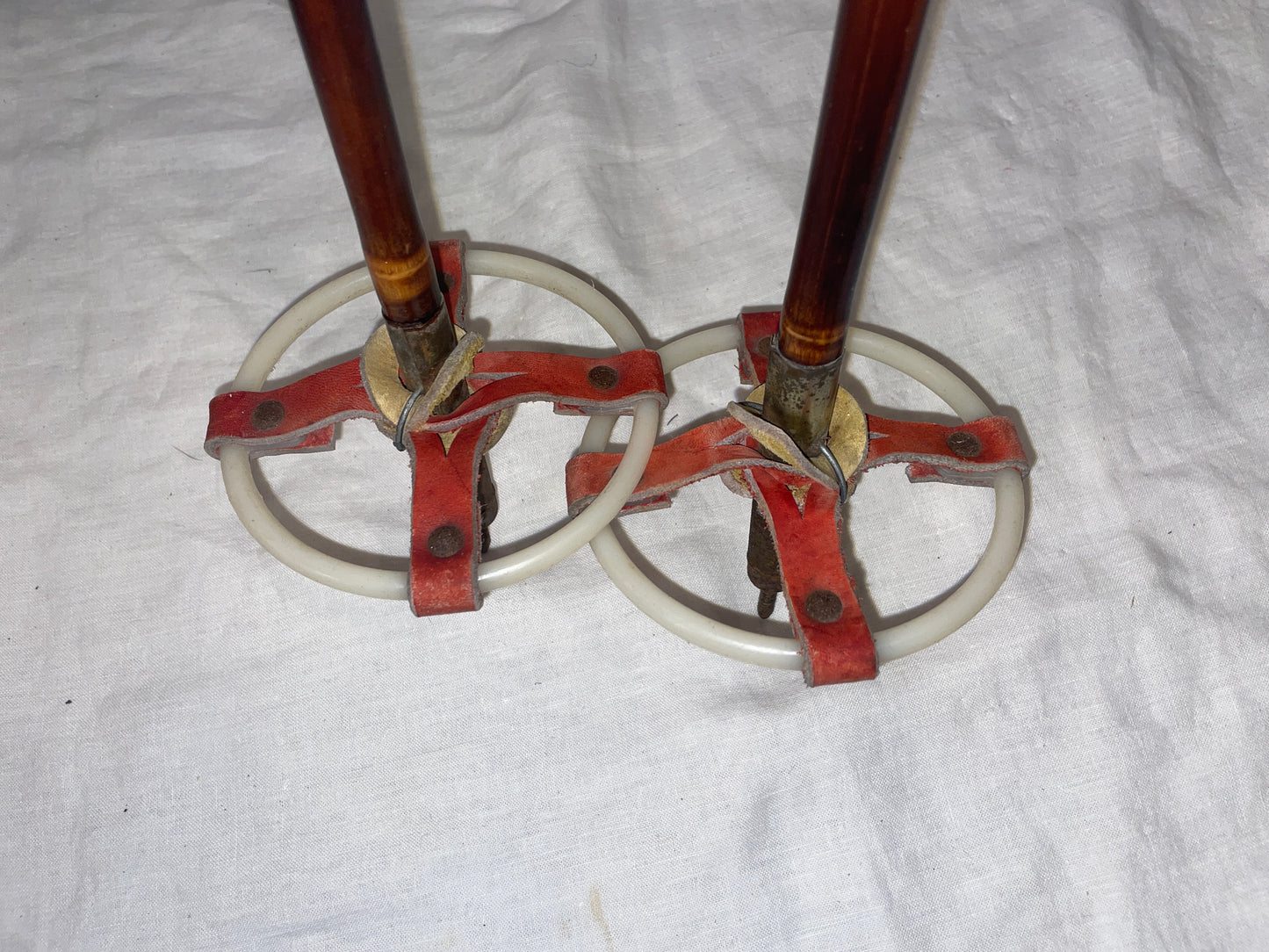 125cm Järvinen Bamboo Cross-Country Ski Poles - late 1960s - FINLAND - LEATHER LEATHER