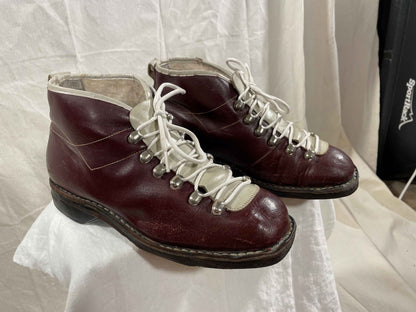 Size 38 (US Women's 7.5) - 1960s Vintage Ski Boots - Beautiful Burgundy Colour - Made/Bought in Finland