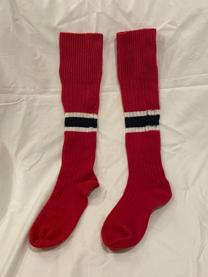 Size L - Vintage Cross-Country Ski Wool Knicker Socks - Red with Blue and White Stripes - 1960s