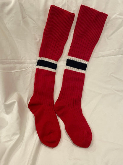 Size L - Vintage Cross-Country Ski Wool Knicker Socks - Red with Blue and White Stripes - 1960s