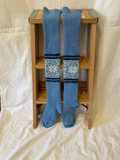 Size M/L - Vintage Cross-Country Ski Wool Knicker Socks - Light Blue with Snowflakes!