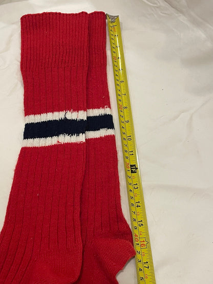 Size L - Vintage Cross-Country Ski Wool Knicker Socks - Red with Blue and White Stripes - 1960s