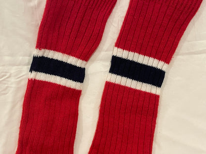 Size L - Vintage Cross-Country Ski Wool Knicker Socks - Red with Blue and White Stripes - 1960s