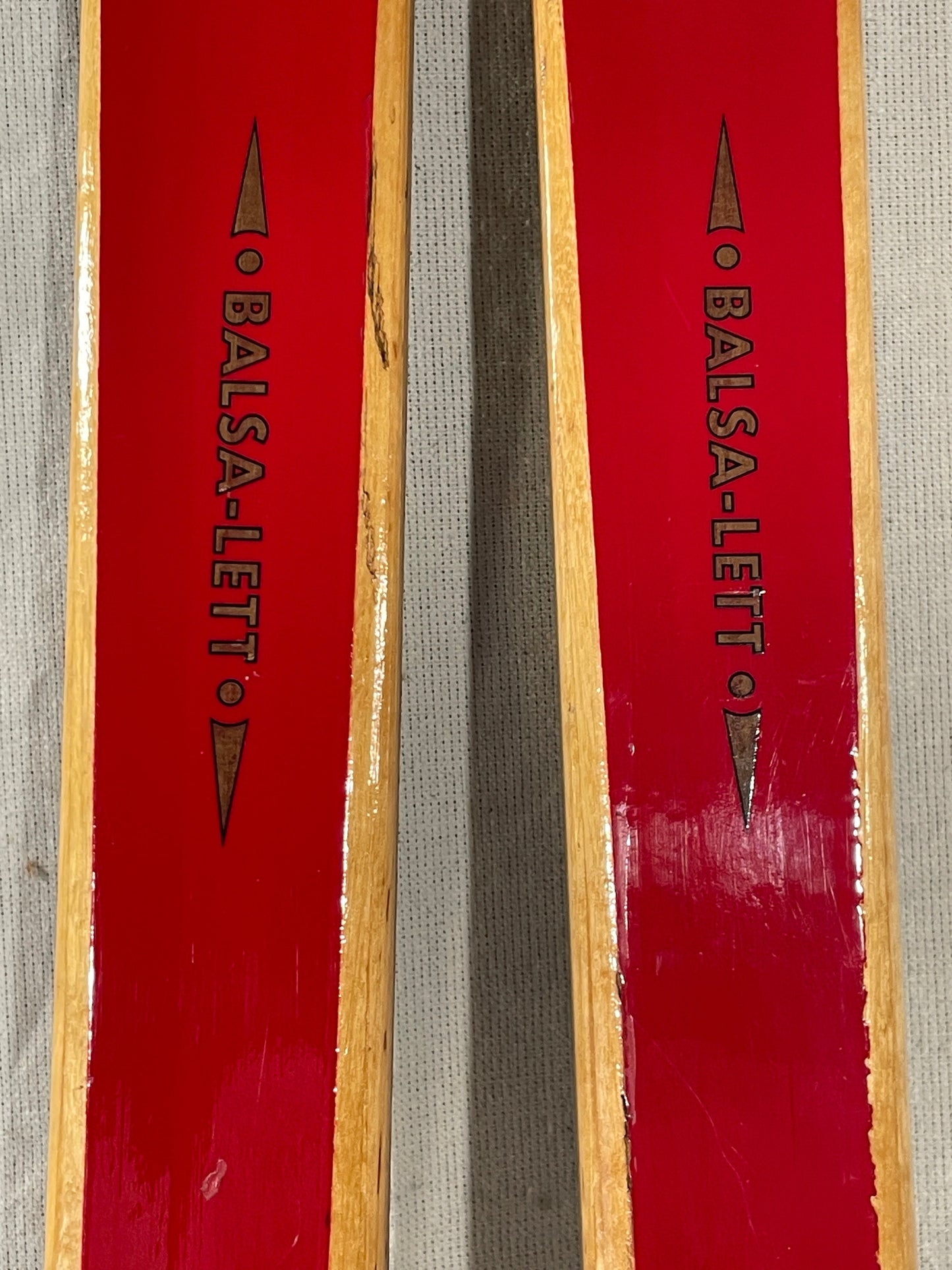 200cm Toppen Hallgeir Brenden "Balsa-Lett" Wood Cross-Country Racing Skis - RARE RED COLOUR - 1960s from Norway!!!!!!