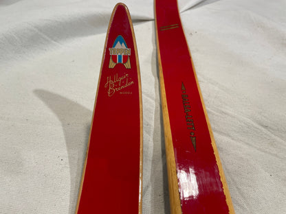 200cm Toppen Hallgeir Brenden "Balsa-Lett" Wood Cross-Country Racing Skis - RARE RED COLOUR - 1960s from Norway!!!!!!
