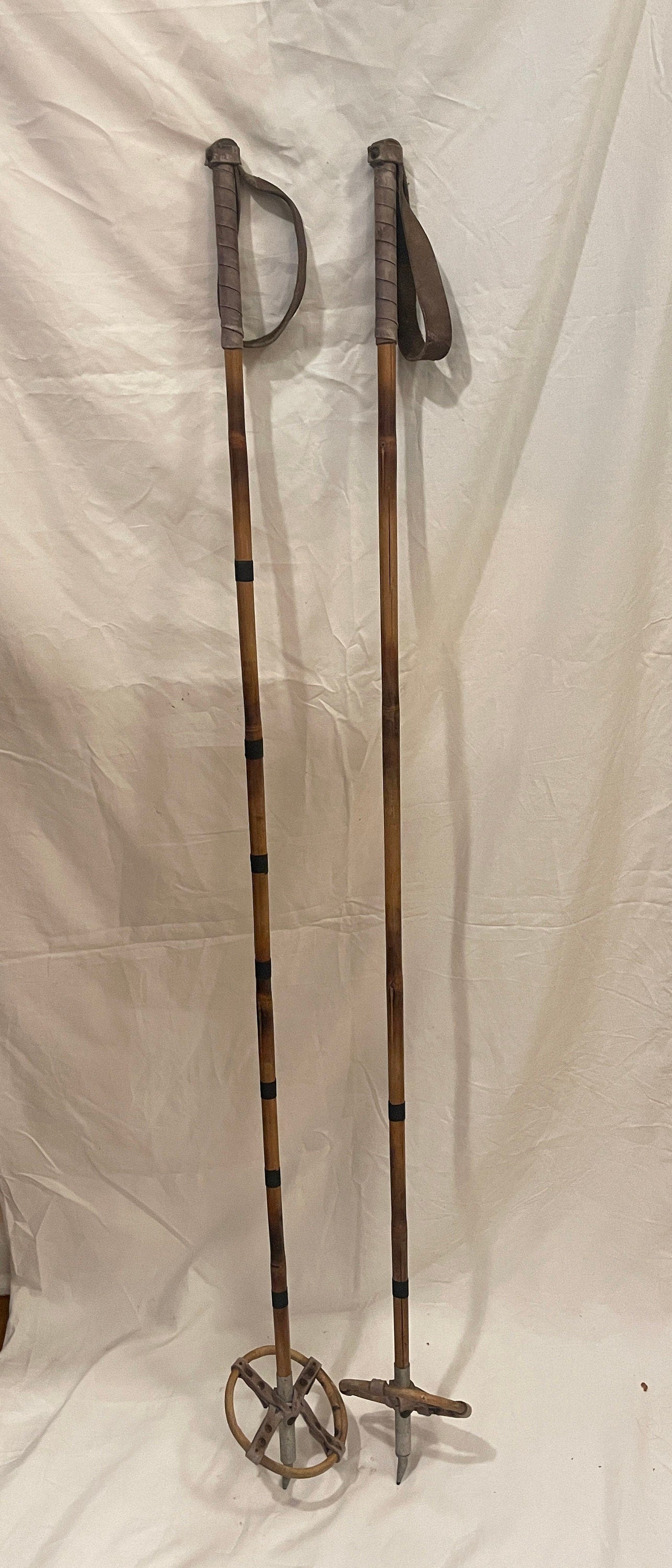 130cm Norwegian Bamboo Cross-Country Ski Poles - Wicker/Leather Baskets - TIME CAPSULES!!!