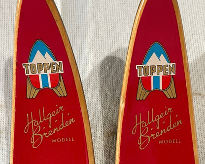 200cm Toppen Hallgeir Brenden "Balsa-Lett" Wood Cross-Country Racing Skis - RARE RED COLOUR - 1960s from Norway!!!!!!