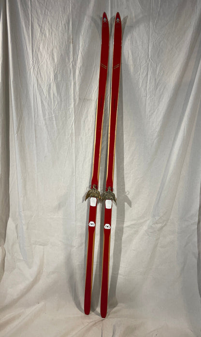200cm Toppen Hallgeir Brenden "Balsa-Lett" Wood Cross-Country Racing Skis - RARE RED COLOUR - 1960s from Norway!!!!!!